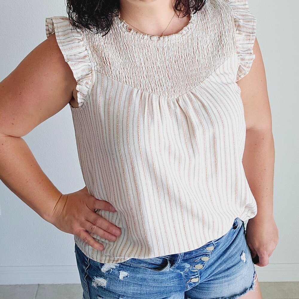 *** Berkley Striped Ruffle Smocked Sleeveless Blouse - Off White
